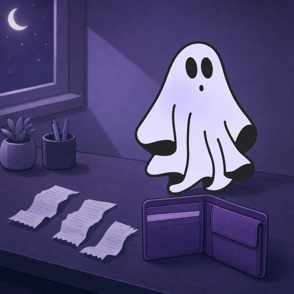 The purple ghost perched on a desk above an open wallet and torn receipts, moon in the window